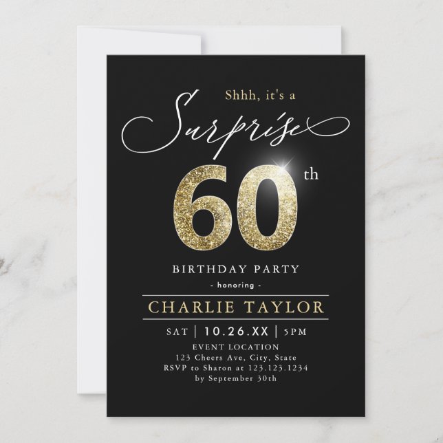 Modern black and gold adult surprise 60th birthday invitation (Front)