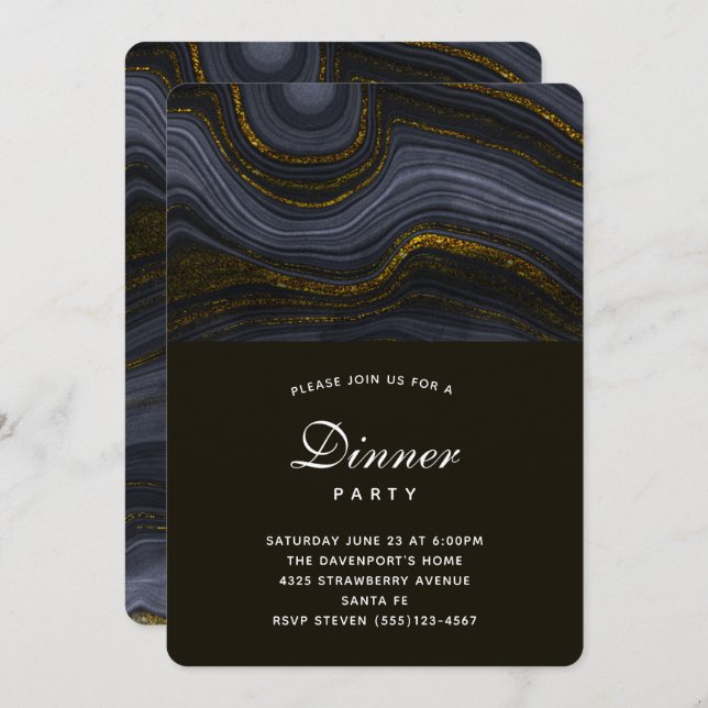 Modern Black and Gold Agate Stone Dinner Party Invitation (Front/Back)