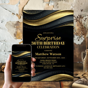 Modern Black and Gold Any Age Surprise Birthday Invitation