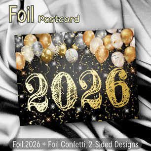 Modern Black and Gold Balloons & Confetti New Year Foil Holiday Postcard