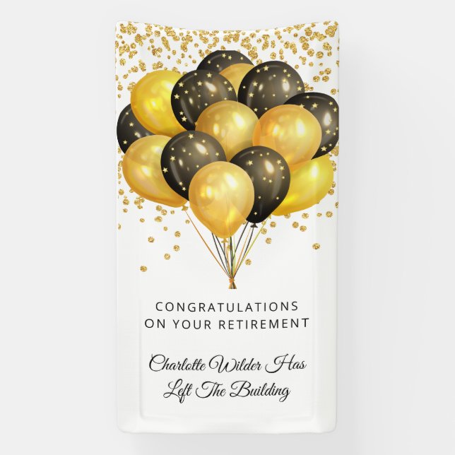 Modern Black And Gold Balloons Confetti Retirement Banner (Vertical)