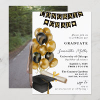 Modern Black and Gold Balloons Photo Graduation
