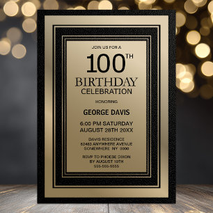 Modern Black and Gold Border 100th Birthday Party Invitation