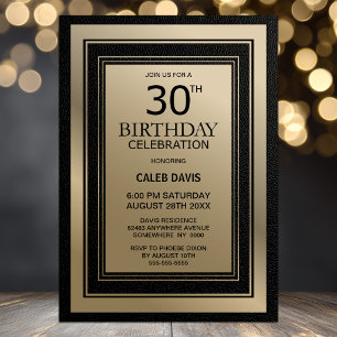 Modern Black and Gold Border 30th Birthday Party Invitation