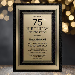 Modern Black and Gold Border 75th Birthday Party Invitation