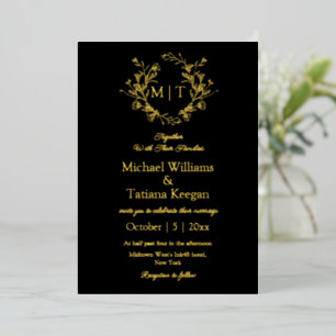 modern black and gold botanical monogram wedding