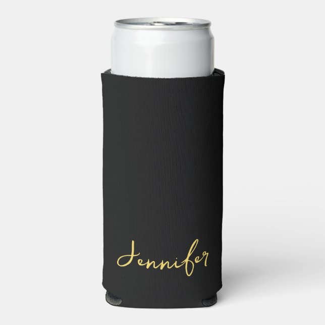 Modern Black And Gold Chic Script Personalised Seltzer Can Cooler (Seltzer Front)