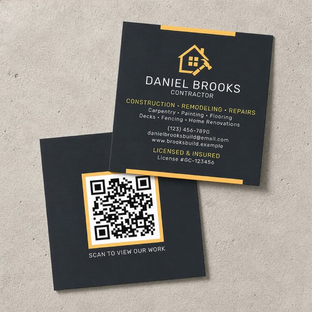 Modern Black and Gold Contractor QR Code Square Business Card (Creator Uploaded)