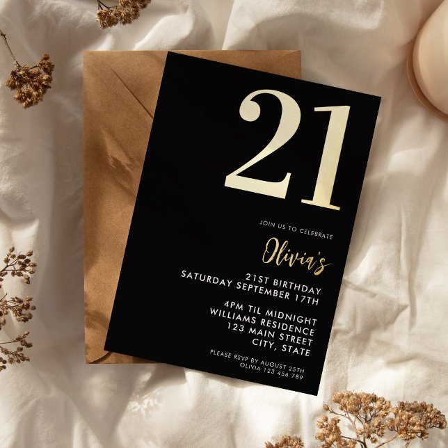 Modern Black and Gold Elegant 21st Birthday (Modern Black and Gold Elegant 21st Birthday Foil Invitation)