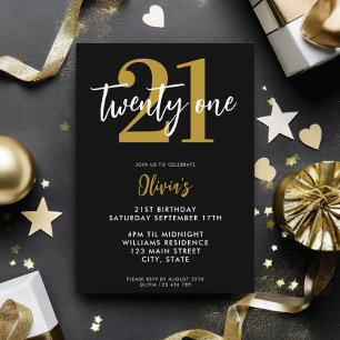 Modern Black and Gold Elegant 21st Birthday Invitation