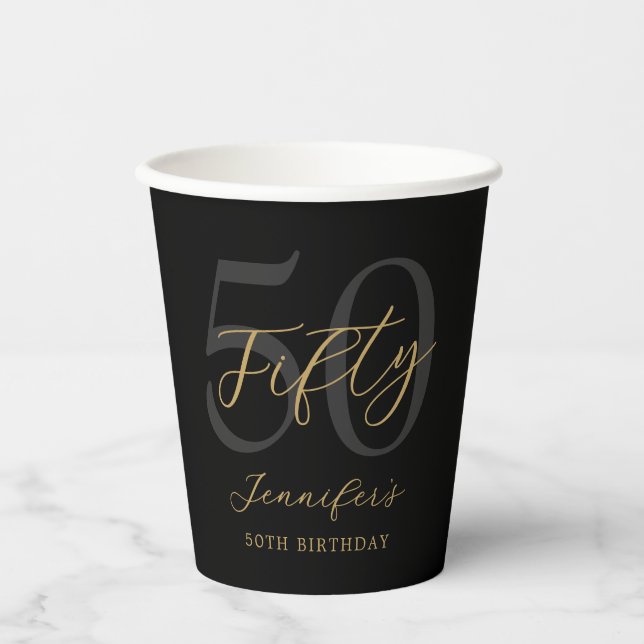 Modern Black and Gold Elegant 50th Birthday Party Paper Cups (Front)