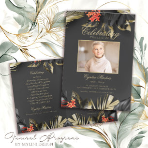 Modern Black and Gold Floral Photo Funeral Programme