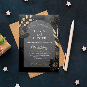 Modern Black and Gold Floral Photo Wedding Foil 