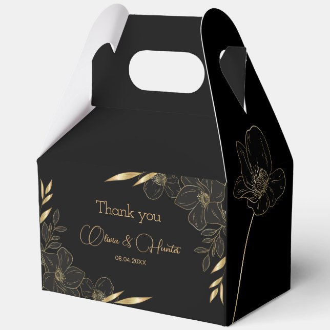 Modern Black and Gold Floral wedding Thank you Favour Box (Front)