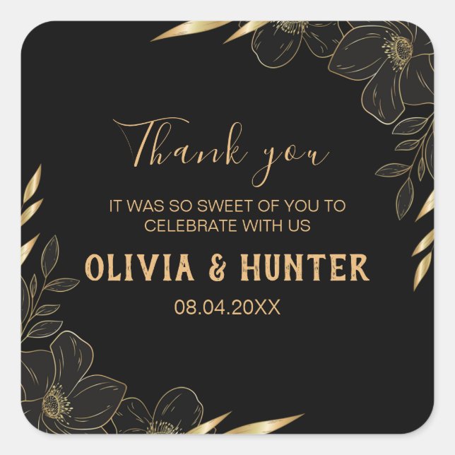 Modern Black and Gold Floral wedding Thank you Square Sticker (Front)