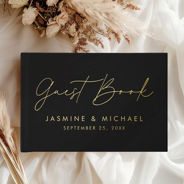 Modern Black and Gold Foil Script Photo Wedding Guest Book (Creator Uploaded)