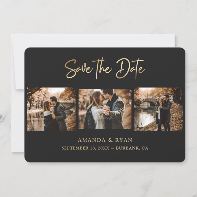 Modern Black and Gold Foil Wedding 3 Photo Save The Date (Front)