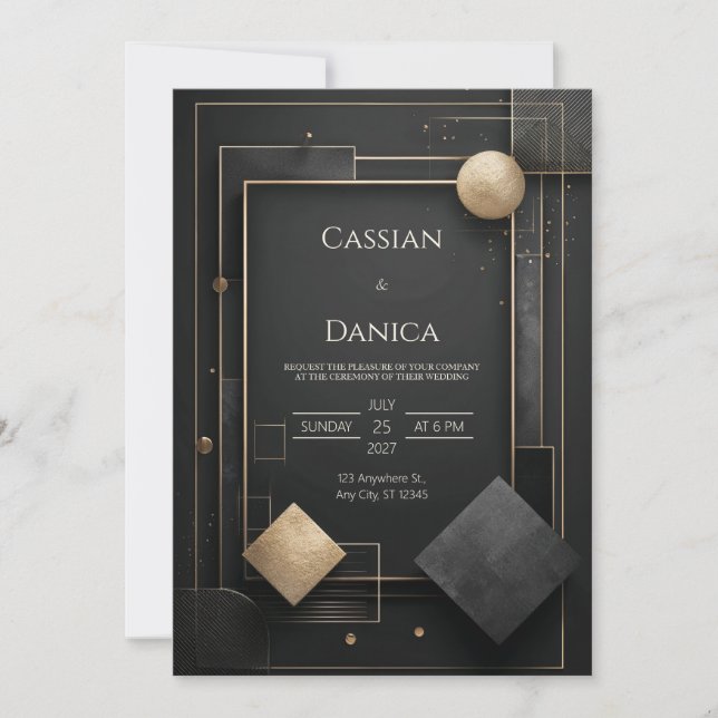 Modern Black and Gold Geometric Wedding Invitation (Front)