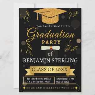 Modern Black and Gold Graduation Party Invitation