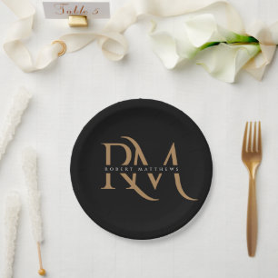 Modern Black and Gold Initials Elegant Monogrammed Paper Plate