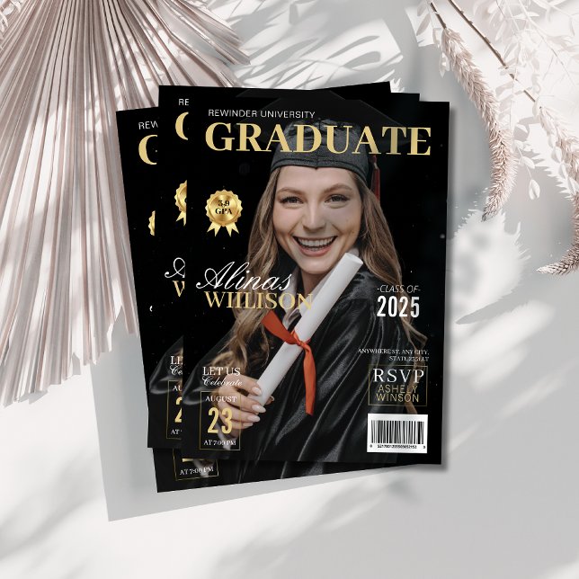 Modern black and Gold magazine photo graduation  Invitation (Creator Uploaded)