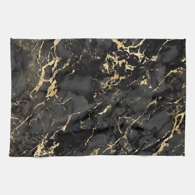 Modern Black and Gold Marble Pattern Tea Towel (Horizontal)