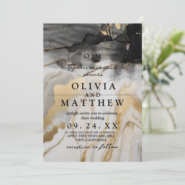 Modern Black and gold marble Wedding Invitation (Standing Front)