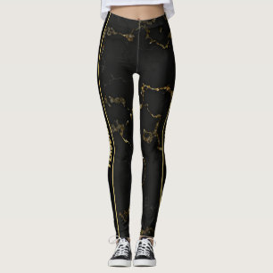 Modern Black and Gold Marbled Custom Text Leggings