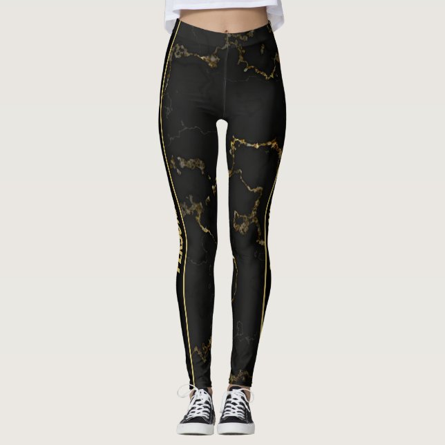 Modern Black and Gold Marbled Custom Text  Leggings (Front)