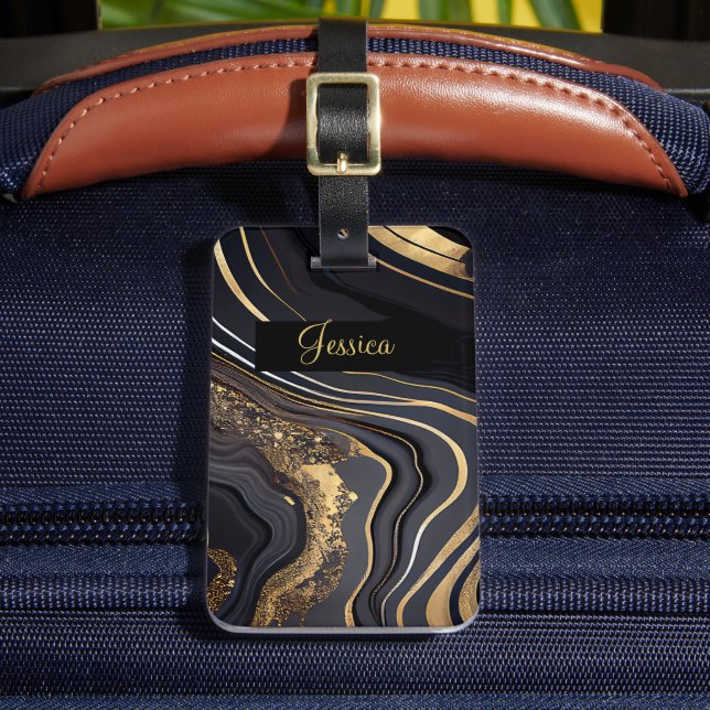 Modern Black and Gold Marbled  Luggage Tag (Front Insitu 2)
