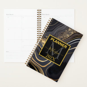 Modern Black and Gold Marbled Monogram Planner