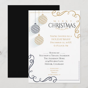 Modern Black and Gold Minimal Holiday Baubles Invitation
