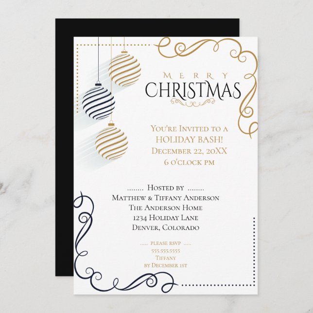 Modern Black and Gold  Minimal Holiday Baubles Invitation (Front/Back)
