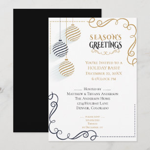 Modern Black and Gold Minimal Holiday Baubles Invitation
