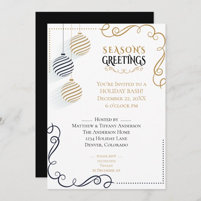 Modern Black and Gold  Minimal Holiday Baubles Invitation (Front/Back)