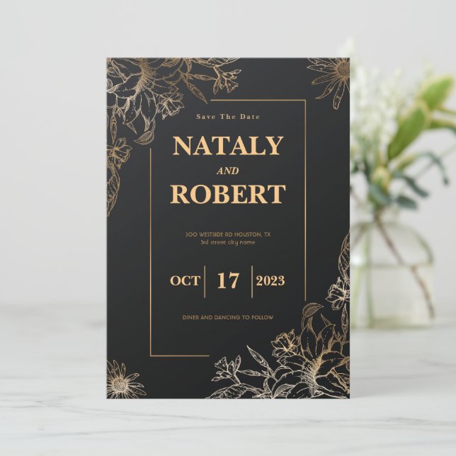 Modern Black And Gold Minimalist Save The Date (Standing Front)