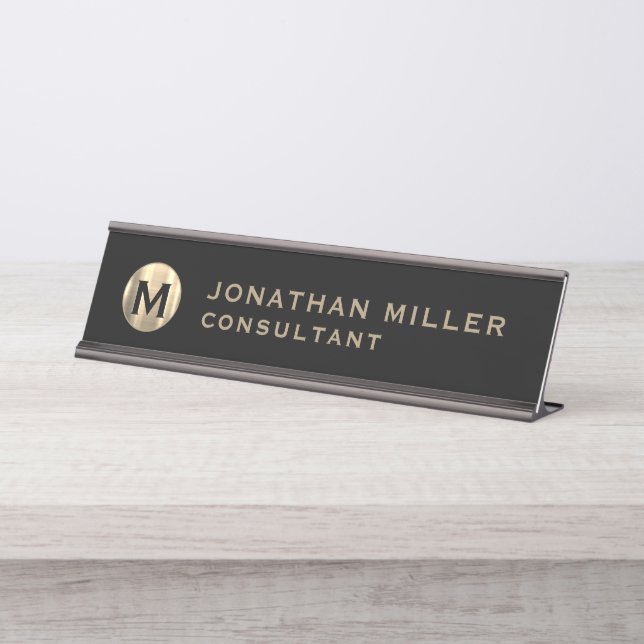 Modern Black and Gold Monogram Desk Name Plate (Front)