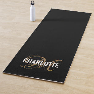 Modern black and gold monogram name yoga mat