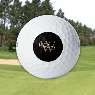 Modern Black And Gold Monogram Script Name Golf Balls