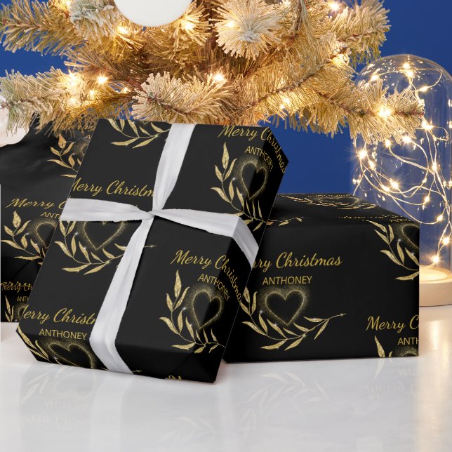 Modern Black and Gold  Name Heart Merry Christmas Wrapping Paper (Holidays)