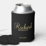 Modern Black and Gold Personalised Groomsman Can Cooler<br><div class="desc">Modern Black and Gold Personalised Groomsman Gifts featuring personalised groomsman's name in gold modern script font style with title and wedding date in modern sans serif font style on black background. Also perfect for best man, father of the bride, bridesmaid, maid of honour, mother of the bride and more. Please...</div>