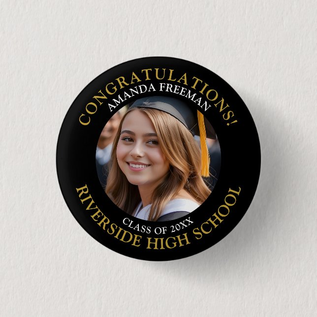 Modern Black and Gold Photo Graduation 3 Cm Round Badge (Front)
