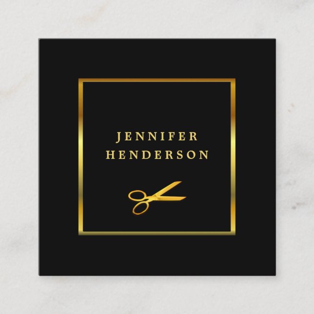 Modern black and gold professional hair stylist square business card (Front)
