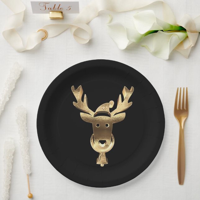 Modern Black and Gold Reindeer Santa Hat Christmas Paper Plate (Wedding)