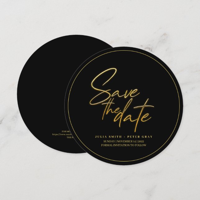 Modern Black and Gold Round Save The Date Invitation (Front/Back)