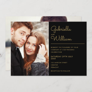 Modern Black and Gold Script 2 Photo Wedding Invitation