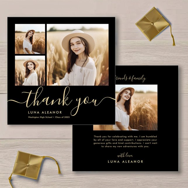 Modern Black and Gold Script 4 Photo Graduation Thank You Card (Creator Uploaded)