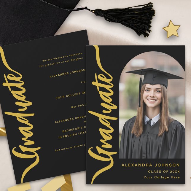 Modern Black and Gold Script Arch Photo Announcement (Elegant black and gold script arch photo Graduation announcement card stylish modern custom design)