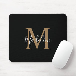 Modern Black and Gold Script Monogram Mouse Pad