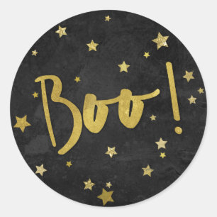 Modern Black and Gold Stars Halloween Boo! Classic Round Sticker